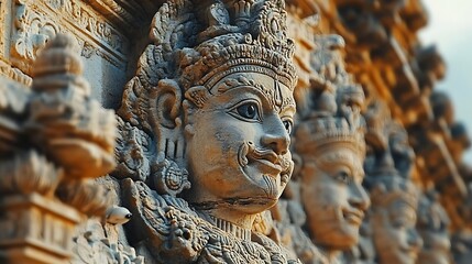 Fototapeta premium Stone Sculpture Faces Of Gods Detailing Hindu Temple Art Religious Photo
