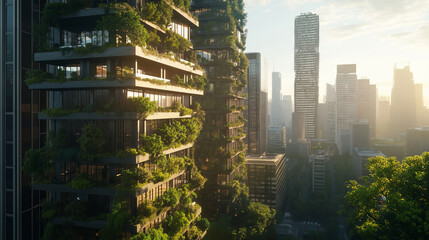 Sustainable green building dominating city skyline at sunrise