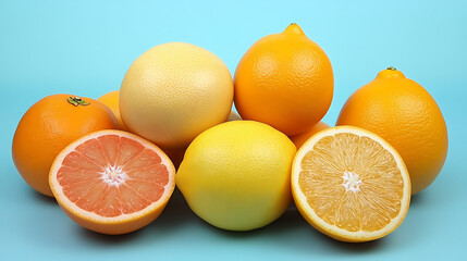 Fresh citrus assortment featuring oranges, lemons, and grapefruits arranged beautifully against light blue background, showcasing vibrant colors and textures that evoke sense of freshness