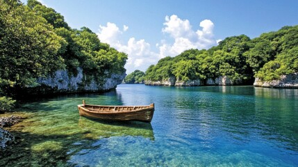 Fototapeta premium Wooden boat, tranquil lagoon, island paradise, clear water, tropical foliage