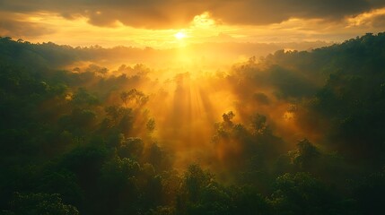 Obraz premium Stunning Photo Of Sun Rays Over Misty Green Forest Landscape At Golden Sunrise