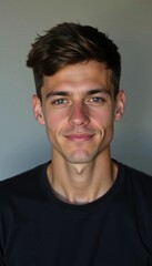Fototapeta premium A young individual with stylish hair and a warm smile stands against a neutral backdrop, emanating confidence and friendliness while posed naturally Generative AI