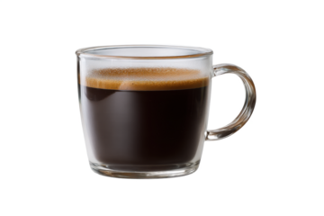 Aromatic Awakening: A clear glass mug filled with freshly brewed, dark coffee, its rich crema promising a burst of flavor and energy to start your day.