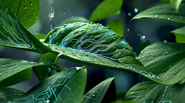 Green leaf with digital circuit overlay symbolizing nature and technology