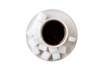 Aromatic Coffee Brew: A Dark and Sweet Temptation, Captured Overhead with Sugar Cubes Arranged Artfully on a Clean, Minimalist Plate, Isolated on Black.
