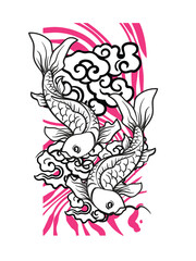 koi fish illustration design for sukajan is mean japan traditional cloth, black, white and pink vibrant colours dynamic style