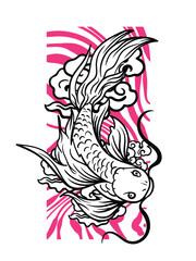 koi fish illustration design for sukajan is mean japan traditional cloth, black, white and pink vibrant colours dynamic style