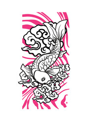 koi fish illustration design for sukajan is mean japan traditional cloth, black, white and pink vibrant colours dynamic style