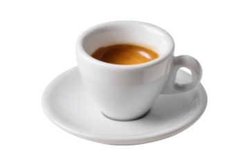 Aromatic Wake-Up Call: Rich Espresso in a Classic White Cup on a Black Background, a Simple Pleasure to Start the Day.