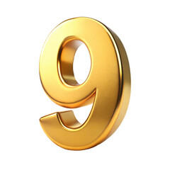 3D Golden Number 9 on Transparent Background. Gold 3D Digit 9 Isolated PNG. 3D Number Nine PNG.