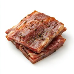 Close up of three seasoned pieces of meat stacked on a white surface