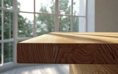 Light-filled room, wooden table edge