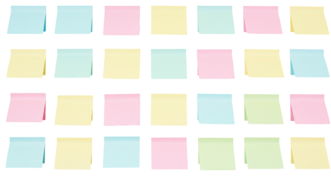 An array of colorful sticky notes arranged in rows on a black background creating a pattern view