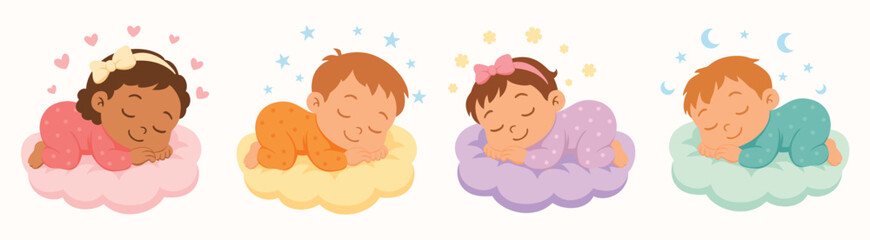 Diverse Sleeping Babies on Colorful Clouds, Adorable Cartoon Infants in Pajamas for Nursery