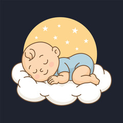 Cute Sleeping Baby on Cloud with Moon and Stars – Adorable Nighttime Cartoon, vector Illustration