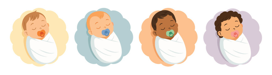 Cute Sleeping Newborn Babies with Pacifiers &ndash; Diverse Swaddled Baby Characters, vector illustrator