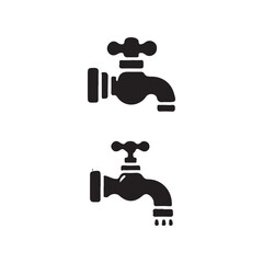 Two water faucet icons, one with water stream, one without.Simple, black and white vector icons of water faucets.