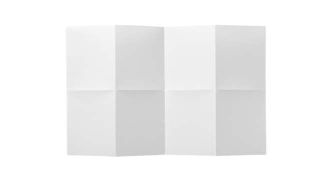 A white sheet of paper folded into eight sections against a black background in a studio shot
