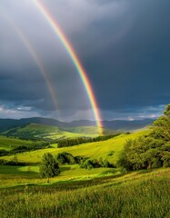 Fototapeta premium Vibrant double rainbow over lush green hills and dramatic sky