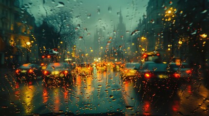 Obraz premium Rain droplets on car window with blurred street lights