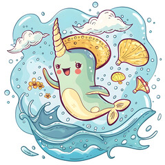 Narwhal with mariachi horn swimming in a sea of horchata, isolated on transparent background --v 6.0 --raw