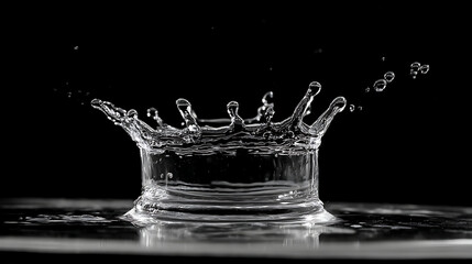 single water droplet creates stunning splash, forming crown shape with droplets flying outward, showcasing beauty of liquid motion against dark background