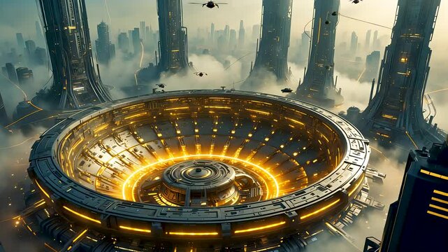 Sci-fi futuristic mega-city with glowing circular structure and flying vehicles