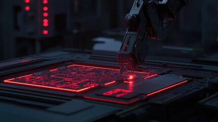 Robotic Arm Assembling Red Circuit Board in Dark Industrial Setting