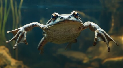 Naklejka premium A large frog swims in the water with outstretched arms and legs