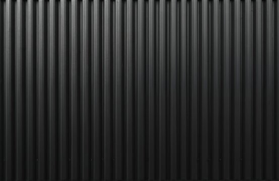 Stripped black metal sheet texture for background. Industrial steel metal texture. Corrugated iron panel, wave pattern, vertical lines, grey design. Wall, building construction.