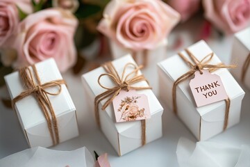 Small white favor boxes with simple twine bows and pink thank you tags sit against a backdrop of delicate blush roses for a rustic-chic celebration.