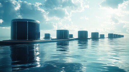 A row of buildings are floating on the water