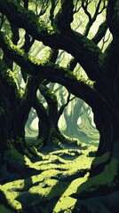 Fototapeta premium illustration of an ancient forest with moss-covered trees, shadows and light creating a mystical atmosphere --ar 9:16 --v 6.1 Job ID: 591a7af4-4663-4f21-93cf-de4c34240854