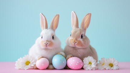 Obraz premium Adorable rabbits photographed with Easter eggs and seasonal flowers against a simple background, perfect for spring holiday themes.