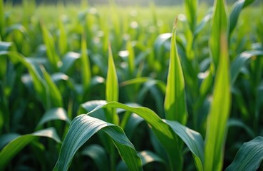 Obraz premium Green corn maize plants in a field. Agricultural landscape, rural scene. Fresh green leaves, organic farm growth during summer. Crop season in nature.