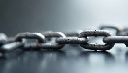 Obraz premium Close-up metal chain links with blurred background. Strong, shiny steel links, industrial, construction, abstract. Concept of strength, security, connection, protection. Metal texture, industrial