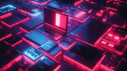 Futuristic digital laptop and circuit boards in vibrant neon light