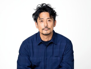 Man in blue shirt, serious gaze