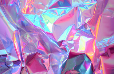 A detailed close up of a crumpled piece of shiny holographic foil