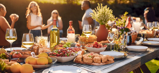 Abundant summer outdoor party buffet table with fresh food, salads, and drinks in sunny garden setting.