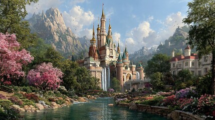 Fairytale castle nestled in mountains, vibrant spring flowers, flowing river
