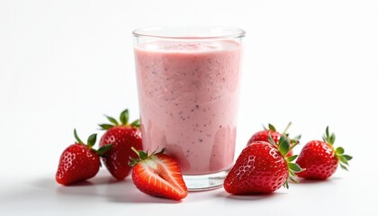 Glass strawberry smoothie isolated on white background. Fresh berries and yogurt smoothie. Milkshake with summer fruit, healthy breakfast drink, diet, weight loss.