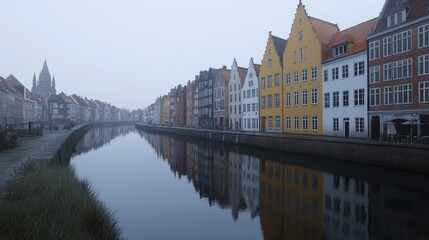 Obraz premium Misty canal lined with colorful historic buildings