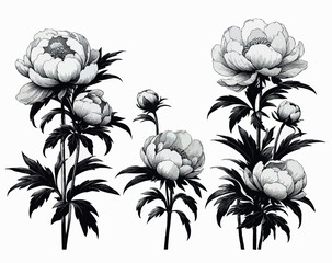 Set outline peony spring, doodle Collection floral stems. Hand drawn Botanical drawing. Detailed line art peonies illustration. Simple Stylized anemone flowers. Black and White blossom sketch