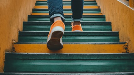 Person Walking Up Teal Yellow Painted Steps Orange Shoes Casual Footwear Climbing Stairs Progress Success Achievement Journey Steps Upward Movement Going Upwards Ambition Aspirations Determination    