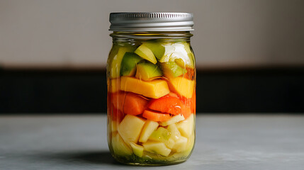 colorful fruit salad layered in glass jar, showcasing vibrant pieces of mango, apple, and carrot, creating appealing and healthy snack option