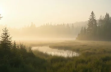 Crédence de cuisine en verre imprimé Misty summer morning flooded meadow in Oulanka National Park Northern Finland. Lush green forest trees in fog. Early sunrise over wetlands. Peaceful tranquil nature landscape in wilderness.