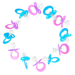 Frame from baby pacifiers. Blue and pink colors, round. 3D rendering isolated on transparent background