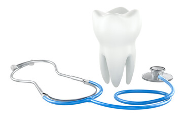 Tooth with stethoscope. Diagnostic and treatment concept, 3D rendering isolated on transparent background