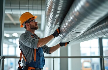 HVAC technician installs commercial HVAC system. Male worker with beard, glasses in protective uniform, helmet. Industrial building warehouse. Ventilation, cooling, heating system installation work.